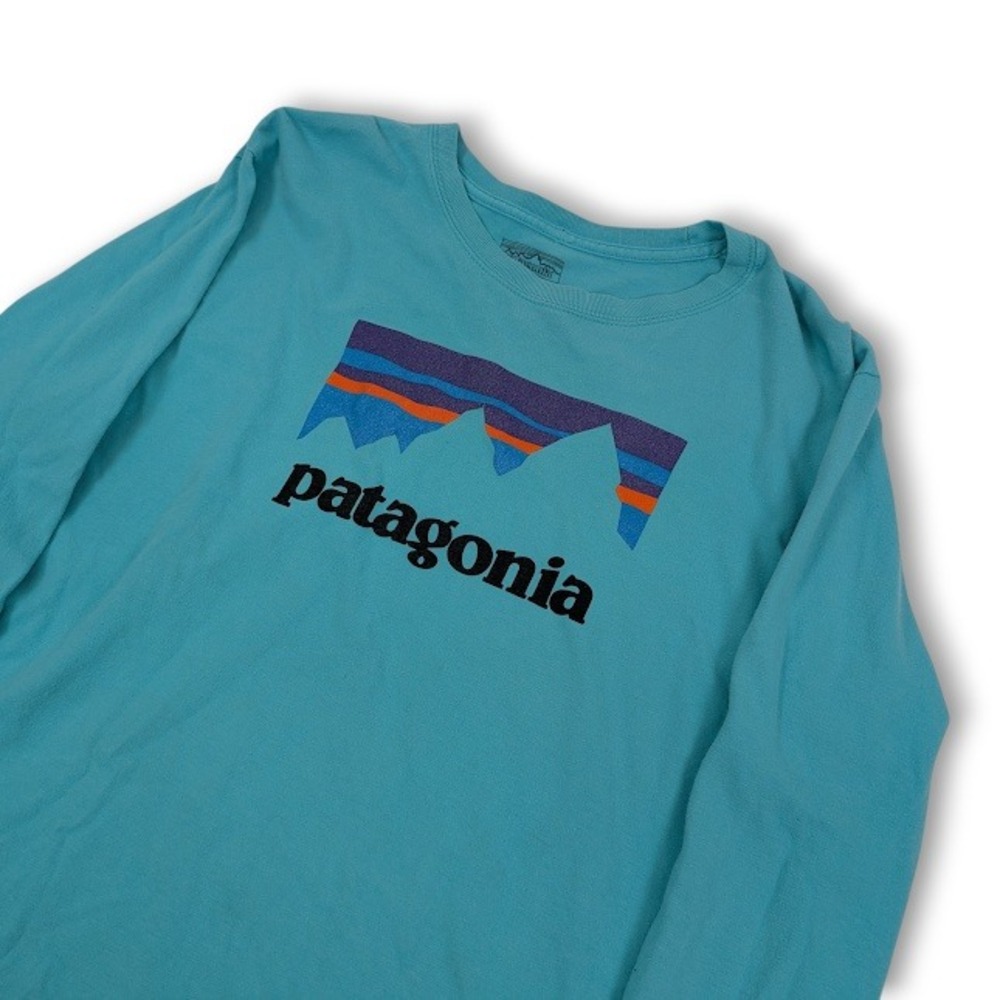 Patagonia Shop Sticker Long Sleeve Tee Mens Medium Turquoise Organic Cotton